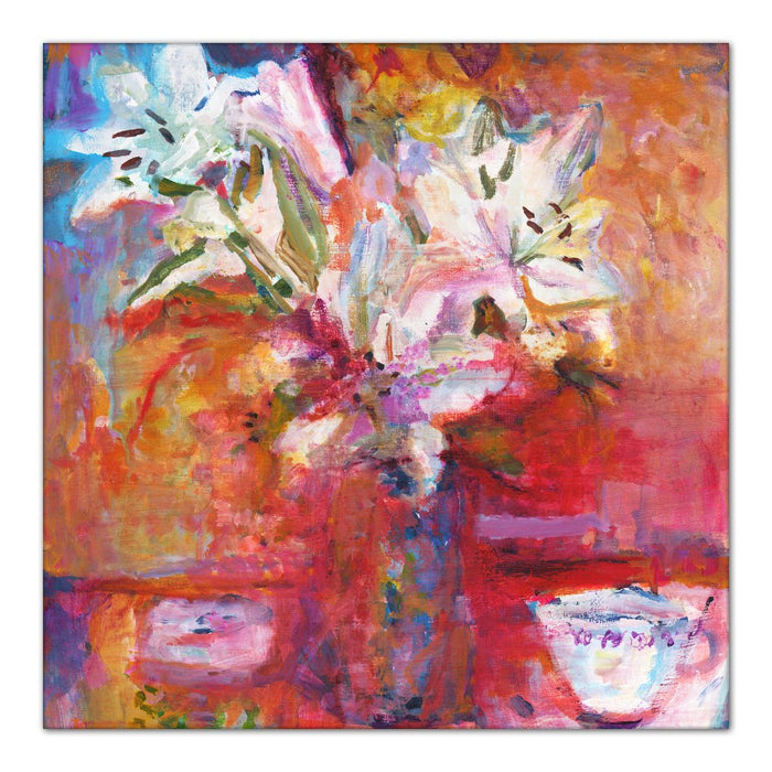 white lilies Canvas Print. Canvas Print made from original painting of Lillies in a vase. Painting called White Lilies. Framed Canvas Prints from original art. Available at Judi Glover Art. Original Painting by Judi Glover. Used for Wall Art.