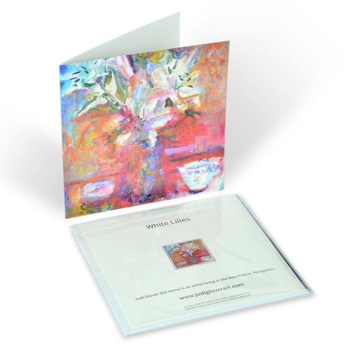 Floral greeting card from original art painting of Lilies and available to buy online at Judi Glover Art. The art cards are from paintings of flowers by UK Artist Judi Glover