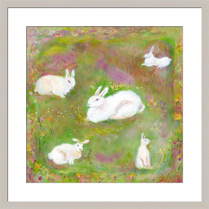 Child's Wall Art for a bedroom or nursery by Judi Glover Art. The rabbit prints show 5 white rabbits in a Spring meadow. Each bunny print is hand printed in the UK