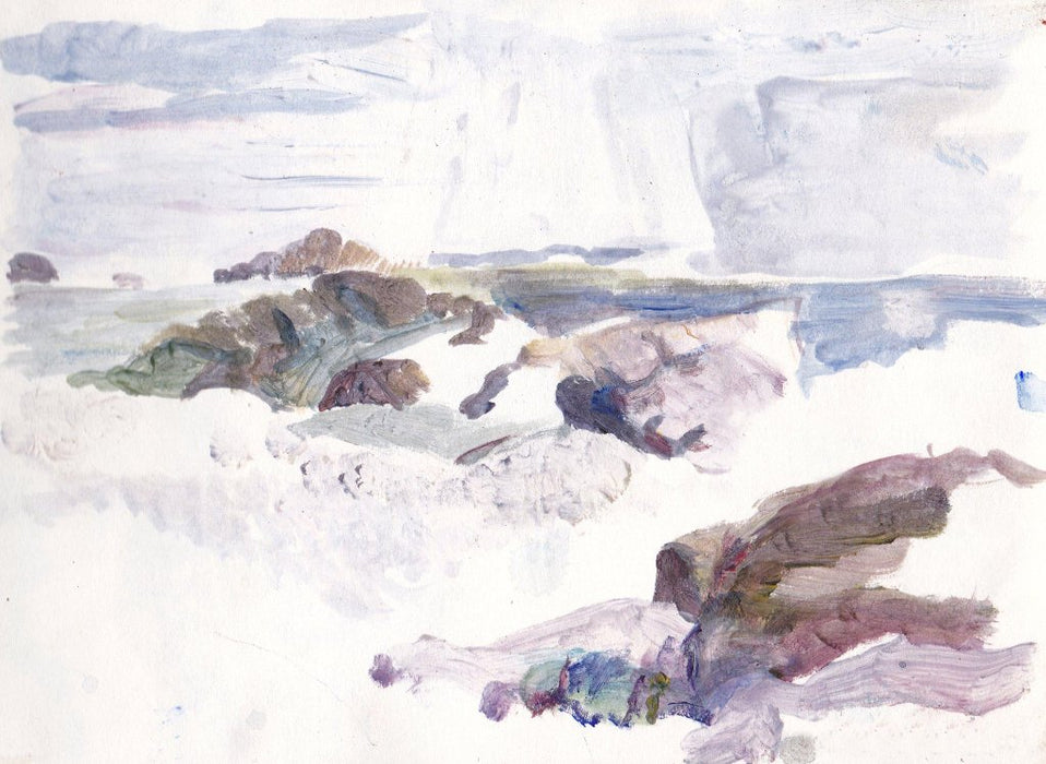 Art Print made from an Original Painting of the Isle of Iona in Scotland. A painting of Machair Beach the Scottish Hebrides in Scotland with blues, greens and purples is printed into a seascape print available at Judi Glover Art.