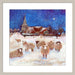 Christmas print from www.judigloverart.com. The Christmas wall art shows a winter wonderland and Christmas art with sheep in a winter wonderland in a snowy village scene