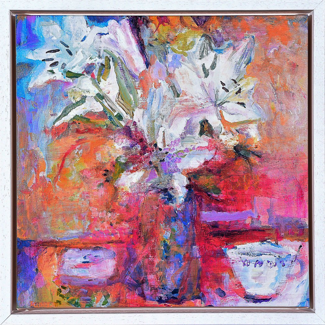 Framed Canvas Print. Painting of White Lilies by Judi Glover. Available as a Framed Canvas Print for wall art at Judy Glover Art. 