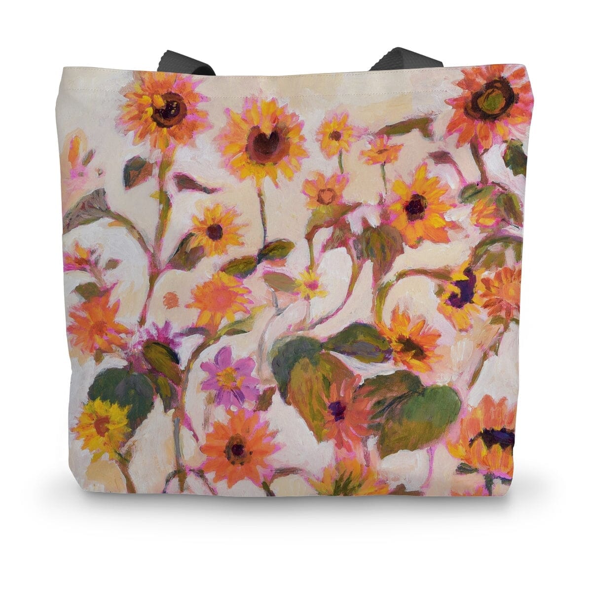 A tote bag from a collection of canvas shopping bags featuring a print of sunflowers