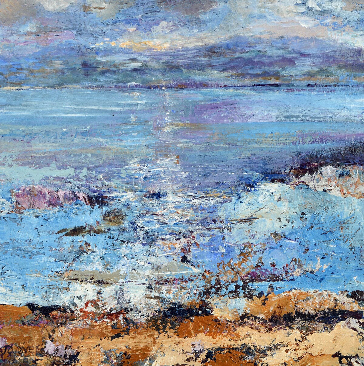 A painting of the coast of Iona with views in the distance of the island of Mull