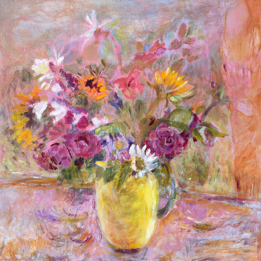 A greeting card of a painting of a bouquet of flowrs in yellow vase.