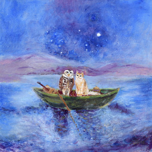 The Owl and the Pussycat greeting card is inspired by the Edward Lear  nursery rhyme and is a painting of the owl and the pussycat as they set sail to be married under the moonlight. This  romantic greeting card makes a perfect card for a wedding, Valentine's day or as  an anniversary card 