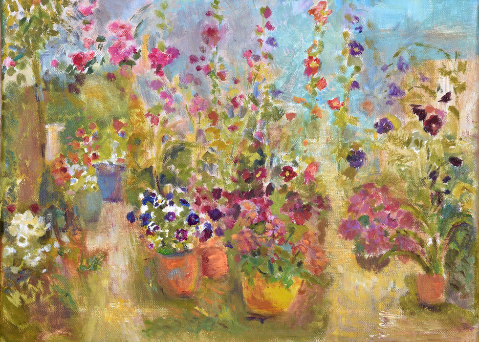 A greeting card of a garden flull of flowerpots. This art card is a floral card perfect for flower lovers.