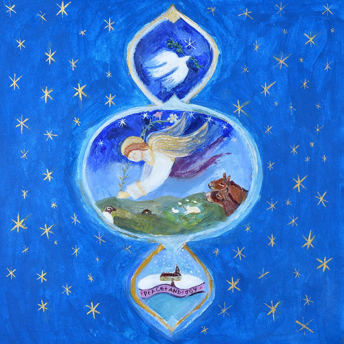 Church-window-inspired Christmas artwork with an angel above animals, a white dove, gold stars and the words Peace and Joy
