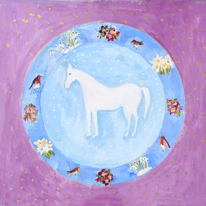 A horse Christmas card from a painting of a white horse in the center with flowers and birds around on a purple background