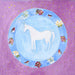 A horse Christmas card from a painting of a white horse in the center with flowers and birds around on a purple background