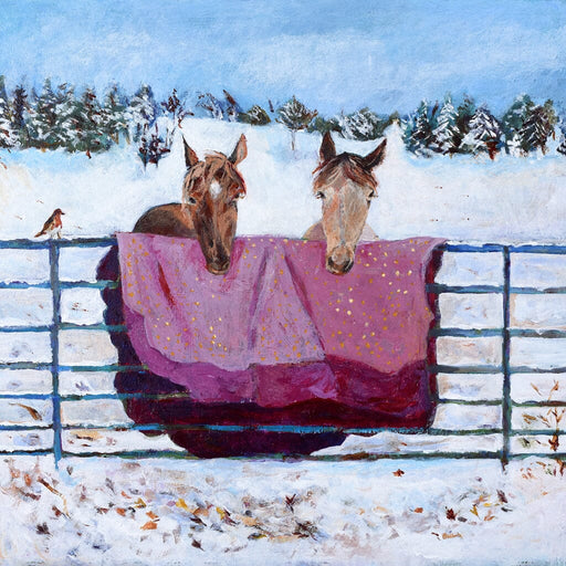 A Christmas art card of a painting of two horses in a snowy meadow looking over a farm gate 