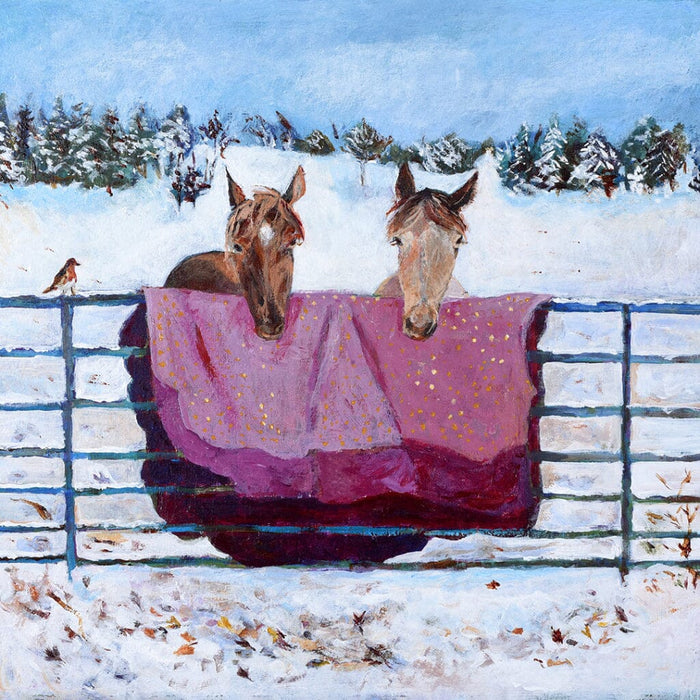 A Christmas art card of a painting of two horses in a snowy meadow looking over a farm gate 