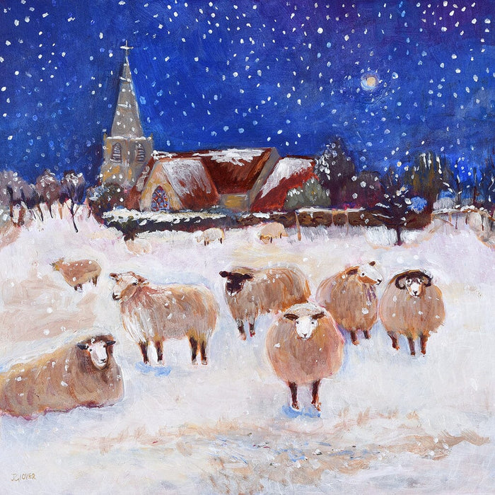 A village Christmas is an artistic Christmas card of sheep in the snow by a little village church.