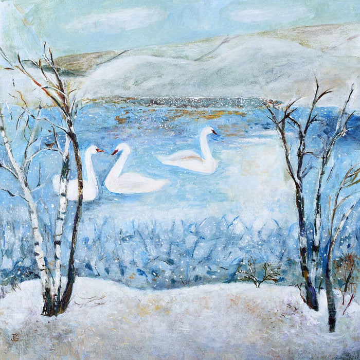 A Winter Wonderland by Judi Glover, showing three white swans on a blue lake framed by snow-covered trees