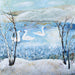 A Winter Wonderland by Judi Glover, showing three white swans on a blue lake framed by snow-covered trees