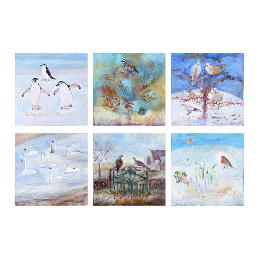 Set of six artistic Christmas cards with watercolor illustrations of birds in various scenes.