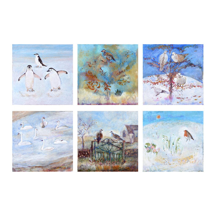 Set of six artistic Christmas cards with watercolor illustrations of birds in various scenes.