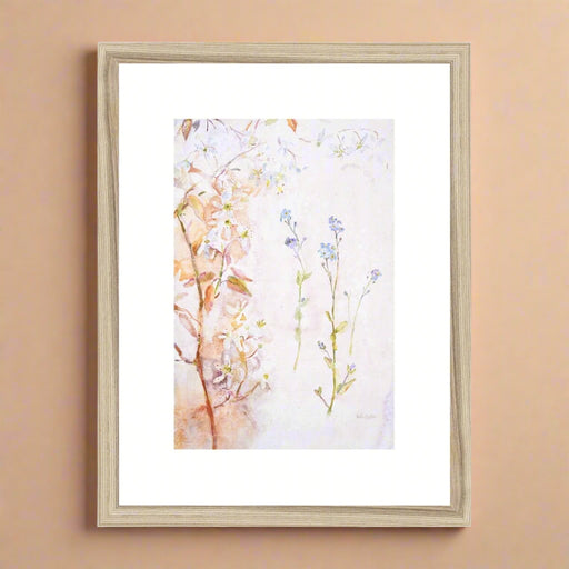 A beautiful botanical framed and mounted print of Forget me Nots in a natural wooden frame. This framed art measures 16 " x 12". The framed print is available at www.judigloverart.com