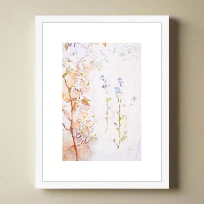 A botanical framed and mounted print of garden flowers in a white wooden frame. This framed art is 16" x 12". Each framed print has a white mount made from card