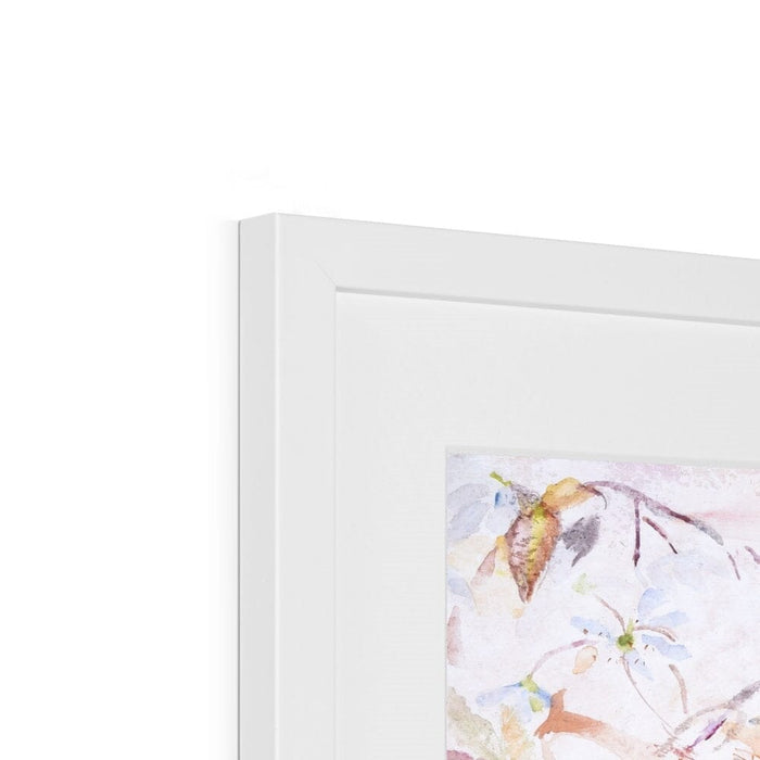 A framed print showing a white wooden frame. This framed art measures 16" x 12". The artwork is from a collection of botanical framed and mounted print by Judi Glover Art