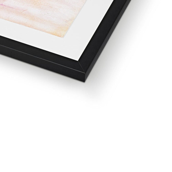 A detail  of a botanical framed print showing the wooden frame in a black finish. This framed art measures 16 inches x 12 inches which is a good size for wall art for the bedroom