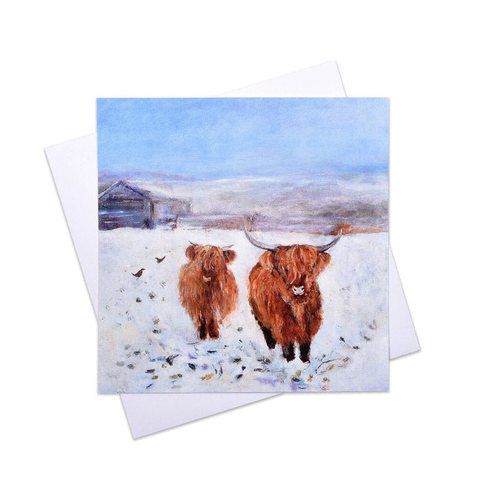 Greeting card with two highland cows in a snowy landscape from a set of eco-friendly Chrismas cards