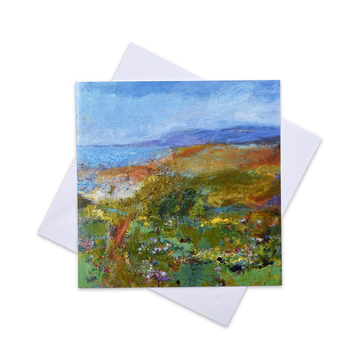 A coastal greeting card of winding coastal path through a flower meadow. This high quality card is made by Judi Glover Art