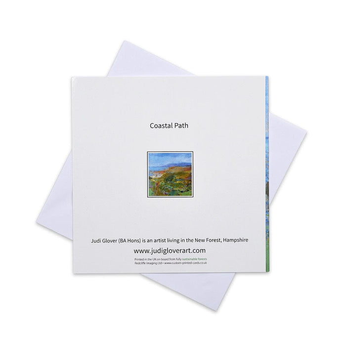 A high quality greeting card made from a painting of a coastal path with glimpses of the sea. This coastal greeting card  shows views of the Devon coast