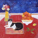 A Cat Christmas Card from a pack of 6 from a painting of a cosy cat on a red cushion