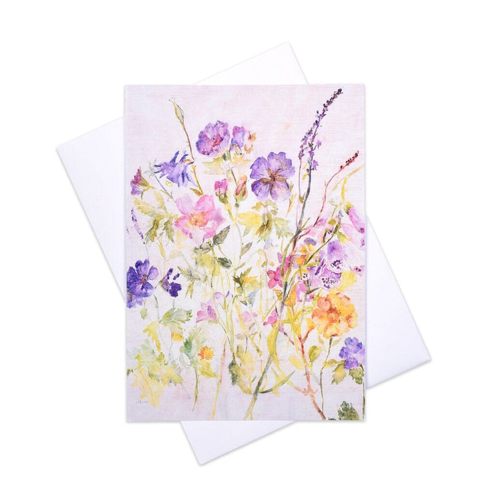 An all occasion greeting card of a watercolour painting of wildflowers which would make a good card for gardeners. The blank floral card shows colourful pansies and foxgloves. 