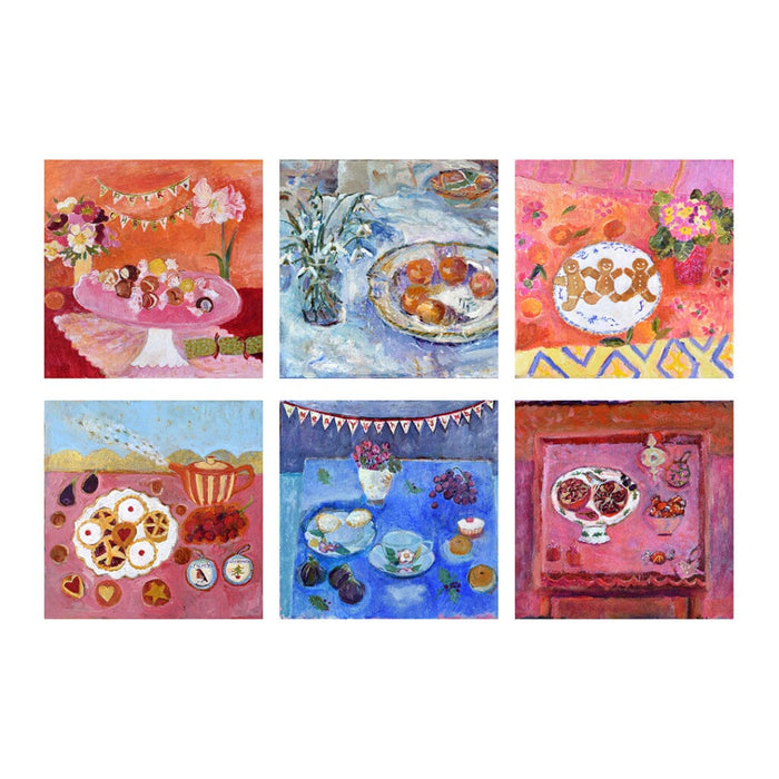 A Christmas card pack of 6 featuring still life scenes of Christmas treats such as mince pies, chocolates and gingerbread men