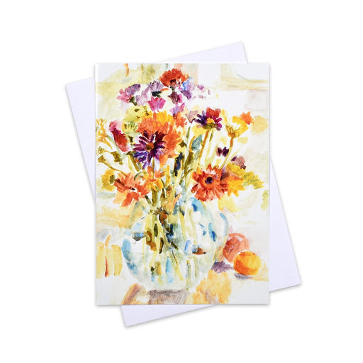 A special greeting card of a bunch of colourful flowers in a glass vase. This fine art greeting card is made from a painting of flowers