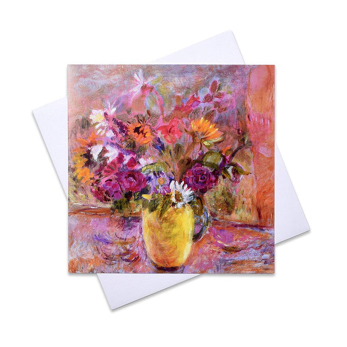 A greeting card made from a painting of roses, sunflowers and daisies. The roses card is bright in colour and would make a lovely mothers day card
