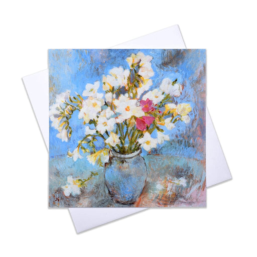 A beautiful card of a painting of white freesias in a blue vase. Thiss floral greeting card is perfect as a floral birthday card