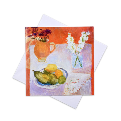 An art card of a still life study of flowers and fruit in a blue bowl placed on a table. This original card is made by judi glover art