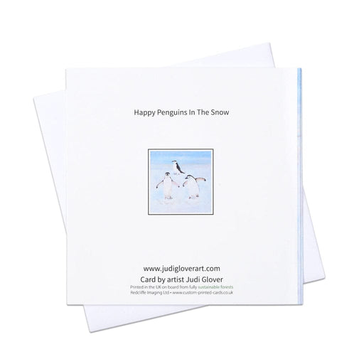 Animal Christmascard with illustrations of penguins on a snowy background