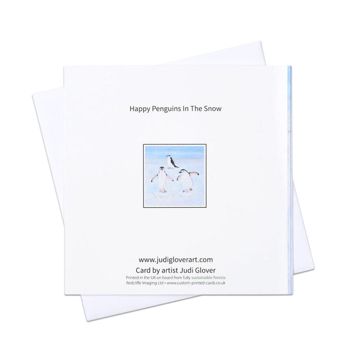 Animal Christmascard with illustrations of penguins on a snowy background