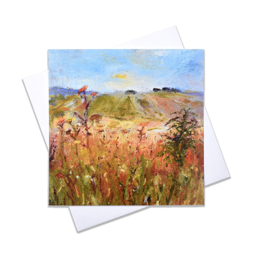 A blank greeting card of a painting of a the landscape with a hedgerow. THis landscape greeting card is available as a birthday card online