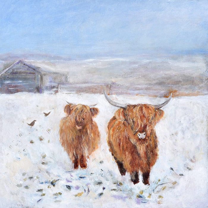 Highland Cows, also known as Highland Coos busy in a snowy field. This Highland Cow card is made from a painting of these lovely farm animals.