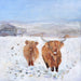 Highland Cows, also known as Highland Coos busy in a snowy field. This Highland Cow card is made from a painting of these lovely farm animals.