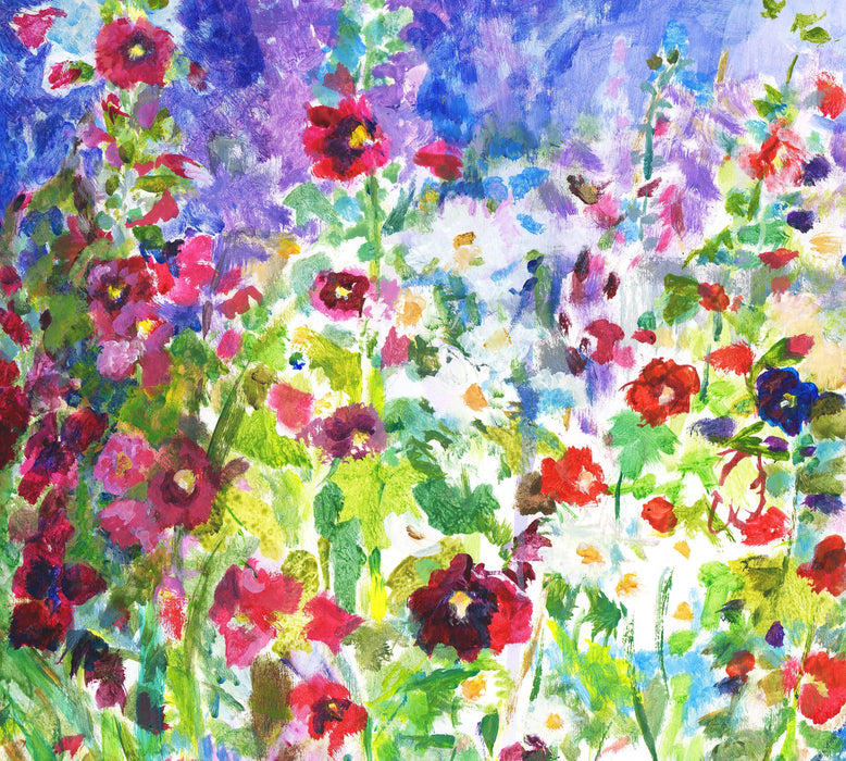 A close-up of the Hollyhocks tote bag showing a detail of the print on this canvas tote bag perfect as a summer holiday bag , shopping trips or days out.