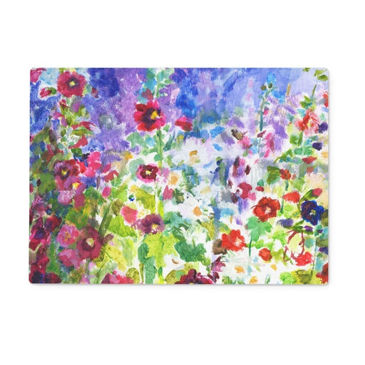 A toughened glass chopping board with is made by glass expert manufacturers. This is also a heat resistant work top saver with a pretty design of hollyhocks. Perfect as a food platter for serving hot and cold dishes - a wonderful gift for a cook 