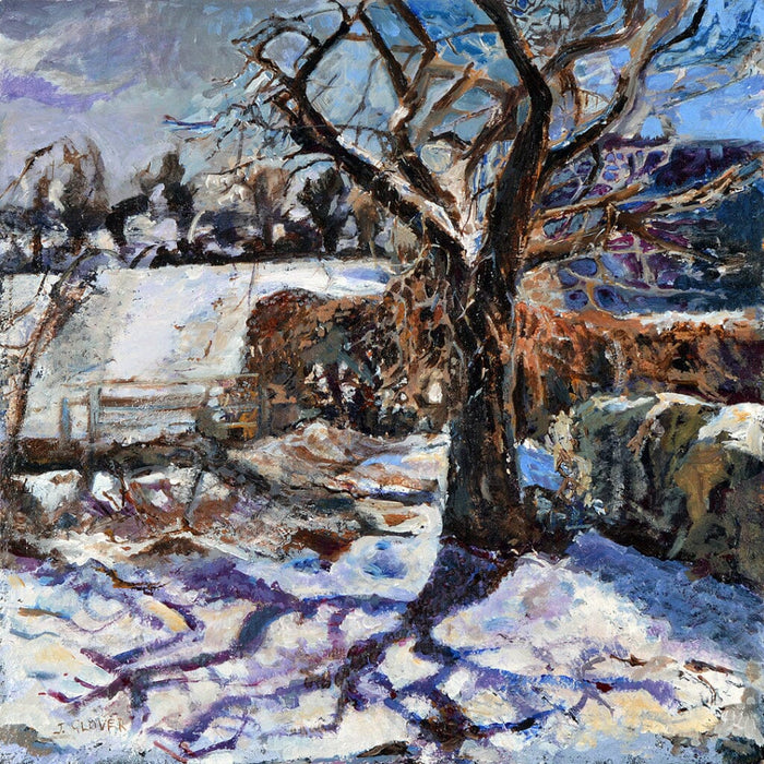 A snow scene Christmas card of a winter landscape with a tree and snow-covered ground