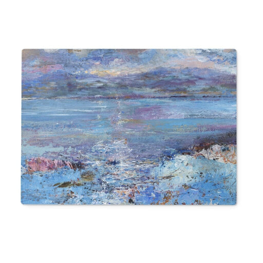 A toughened glass work top protector or worktop saver or chopping boardwith a seascape image of the isle of Mull. Also perfect as a food platter. Heat resistant glass chopping board can also be used to serve from oven to table as well as a serving platter for cheeses and other treats