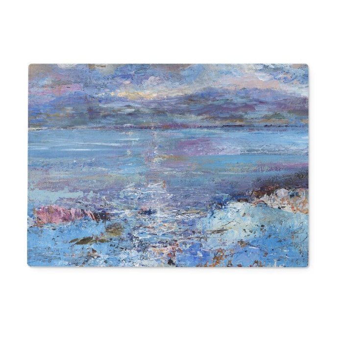 A toughened glass work top protector or worktop saver or chopping boardwith a seascape image of the isle of Mull. Also perfect as a food platter. Heat resistant glass chopping board can also be used to serve from oven to table as well as a serving platter for cheeses and other treats