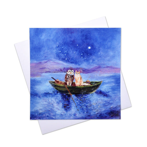 The Owl and the Pussycat greeting card  is a painting of the beautiful Edward Lear love poem. The Owl and the Cat are sailing in a blue sea by moonlight in a pea-green boat. A romantic card which is perfect for a wedding, Valentines or anniversary card