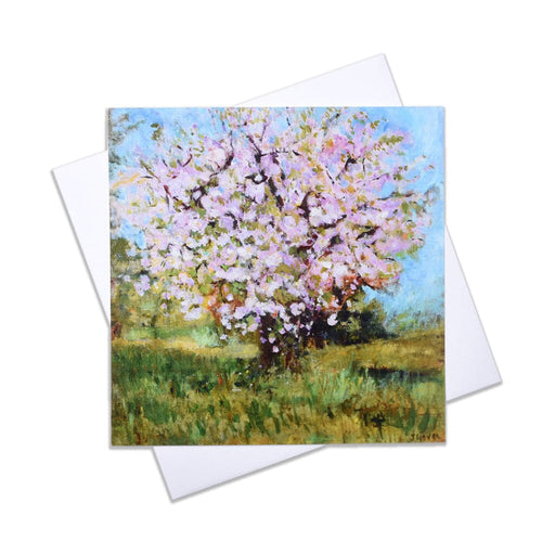 A floral blank card of a painting of a pink cherry tree. This tree card is perfect as an artistic birthday card.