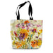 A summer tote bag with a printed flower design on the front and back
