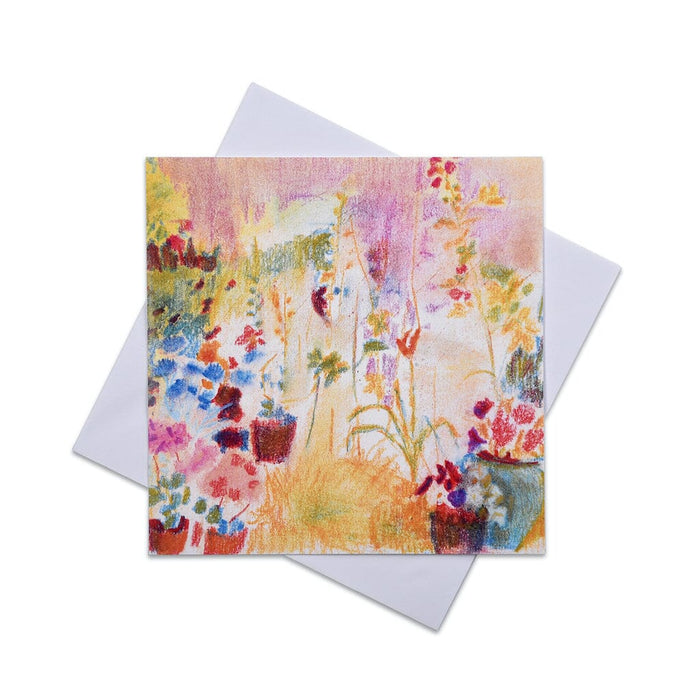 this original art card is a floral card made from a painting of colourful flowers which border a garden. The greeting card is blank inside for your own message.