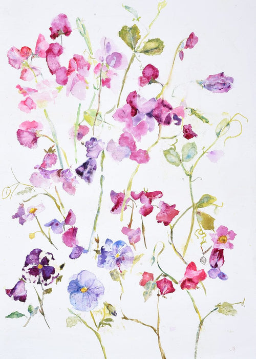 A pretty pansies card made from a painting of  sweet peas and pansies.